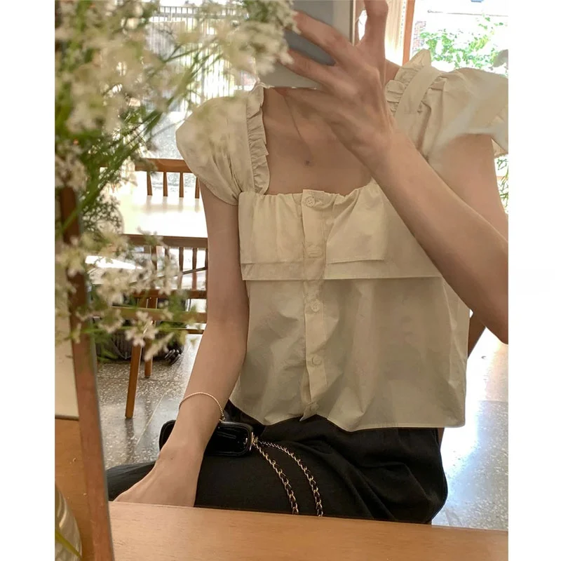 

Sweet Dongdaemun 25 Summer Square Collar Fly Sve irt Women's Double-Sided Wear Buttoned irt Skin-friendly Breathable