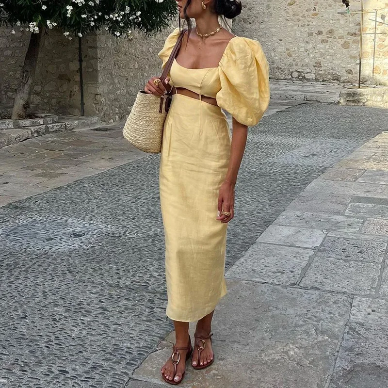 Mulheres puff manga vestido de festa senhoras 2025 cintura oca alta rua vestido de verão elegante sólido gola quadrada férias vestido longo