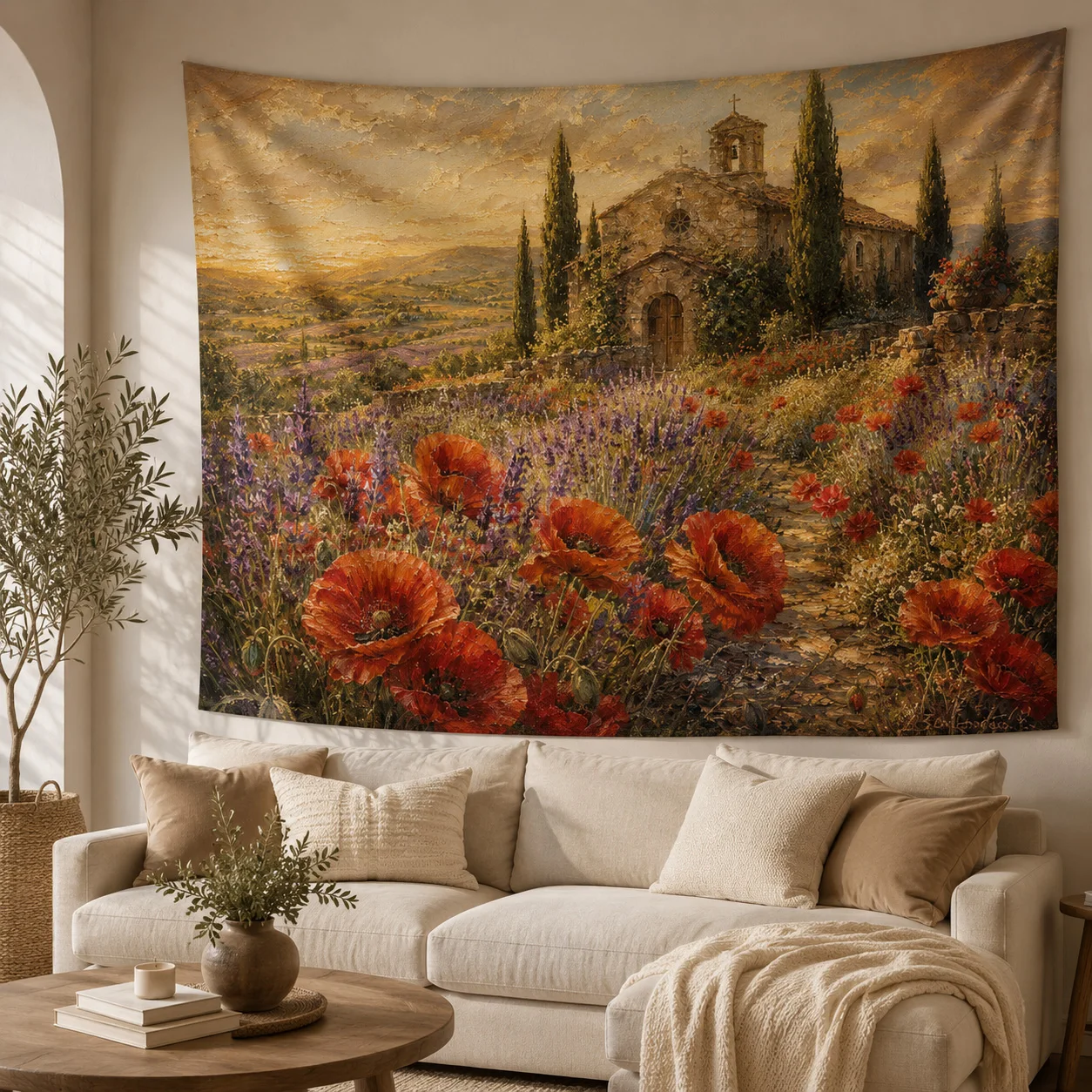 Vintage Poppy Field Tapestry Tuscan Countryside Landscape Wall Hanging Wildflower Oil Painting Bedroom Living Room Decor
