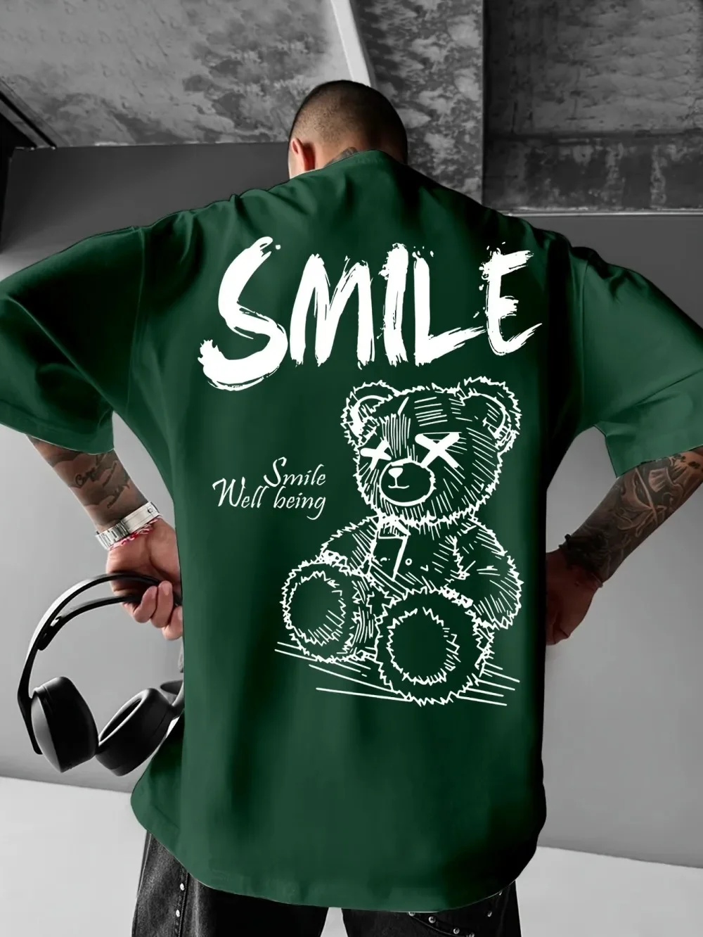 Trendy summer new men's personalized teddy bear print micro elastic comfortable breathable round neck T-shirt outdoor urban top