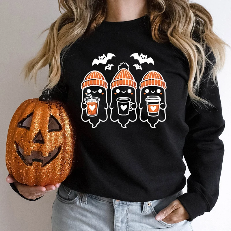 Funny Women's Hoodless Sweatshirts Halloween Ghost Bat Print Round Neck Pullovers Fashion Cute Halloween Ladies Casual Pullovers