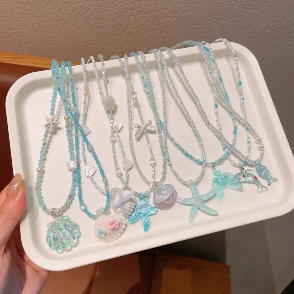 Sparkly Bohemian Ocean Shell Starfish Beaded Kids Necklace Mermaid Pendant Children Jewelry Girls Summer Beach Accessories ZX07