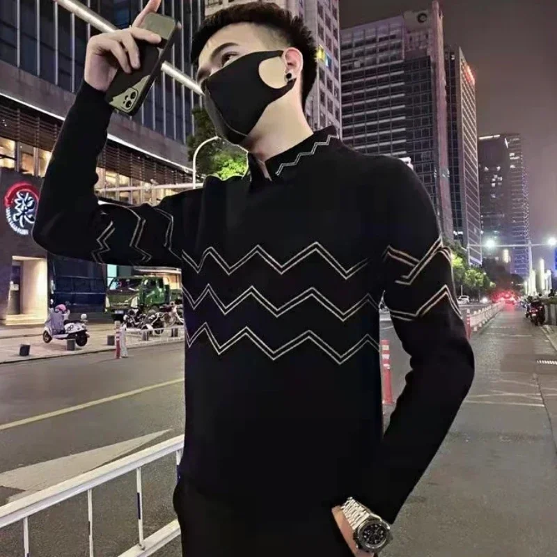 

Knit Sweater Male Black Y2k Streetwear Men's Clothing Collared Striped Pullovers Fashion 2024 Over Fit Maletry Aesthetic Meme A