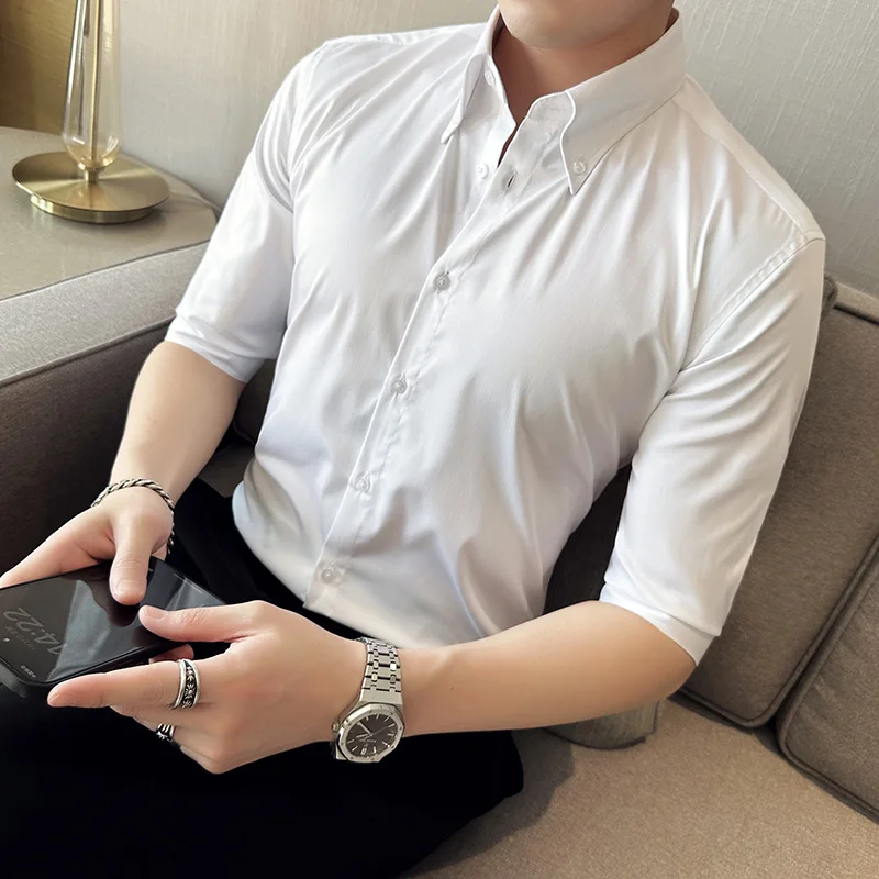 Men Luxury Brand 2023 Male Half Sleeve Hawaiian Shirts Casual Metal Buckle Hit Color Slim Fit Black Men's Dress Blouses