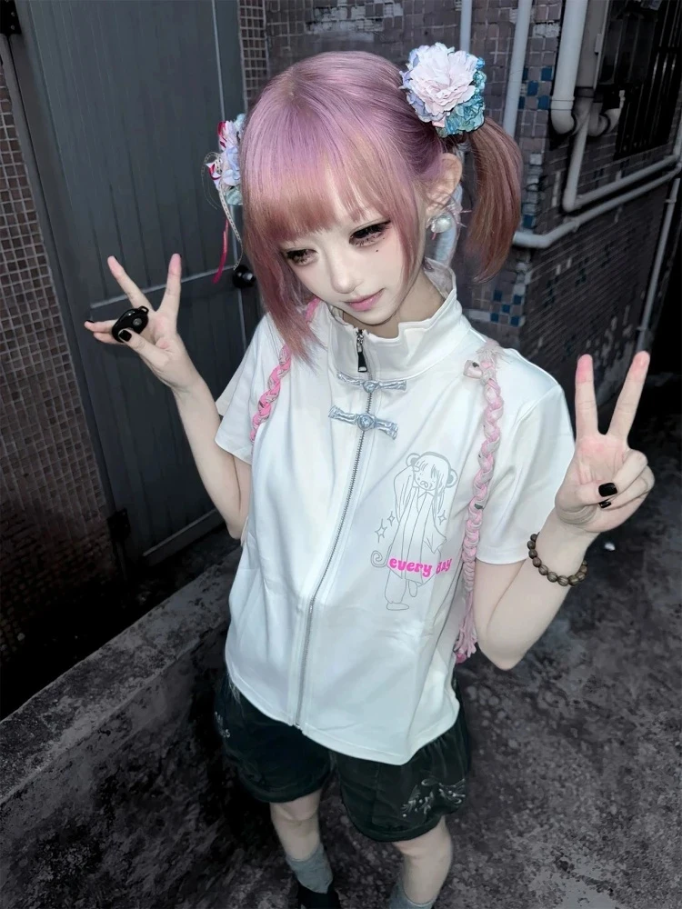 Japanese Graphic T Shirt Women Second Dimension Anime Print Short Sleeve Cardigan Y2K Pure Cotton Stand Collar Kawaii Tops