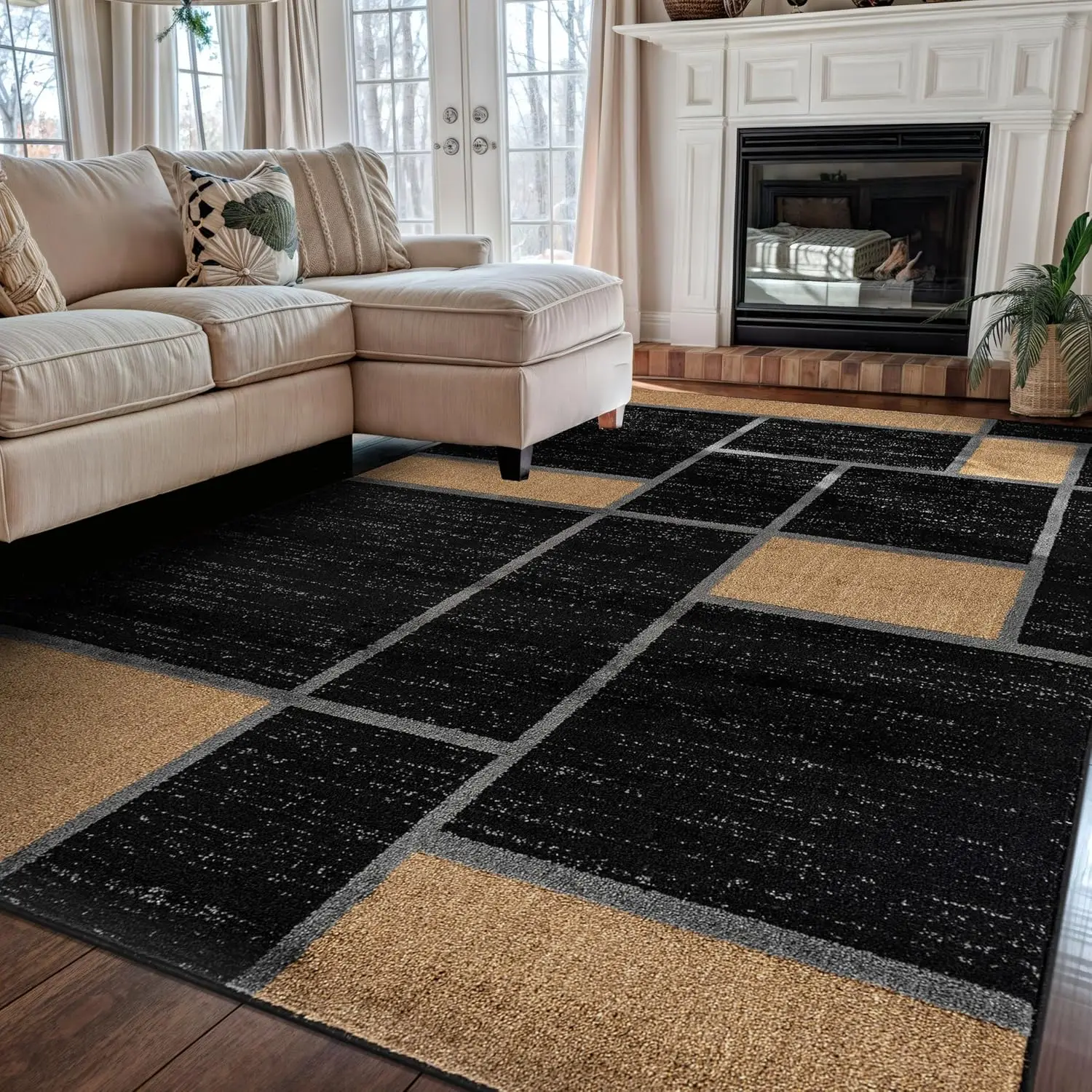 Modern Black Brown Geometric Boxes Rug, Soft Fade Resistant Carpet for Living Room Kitchen Bedroom Office, Stylish Decor