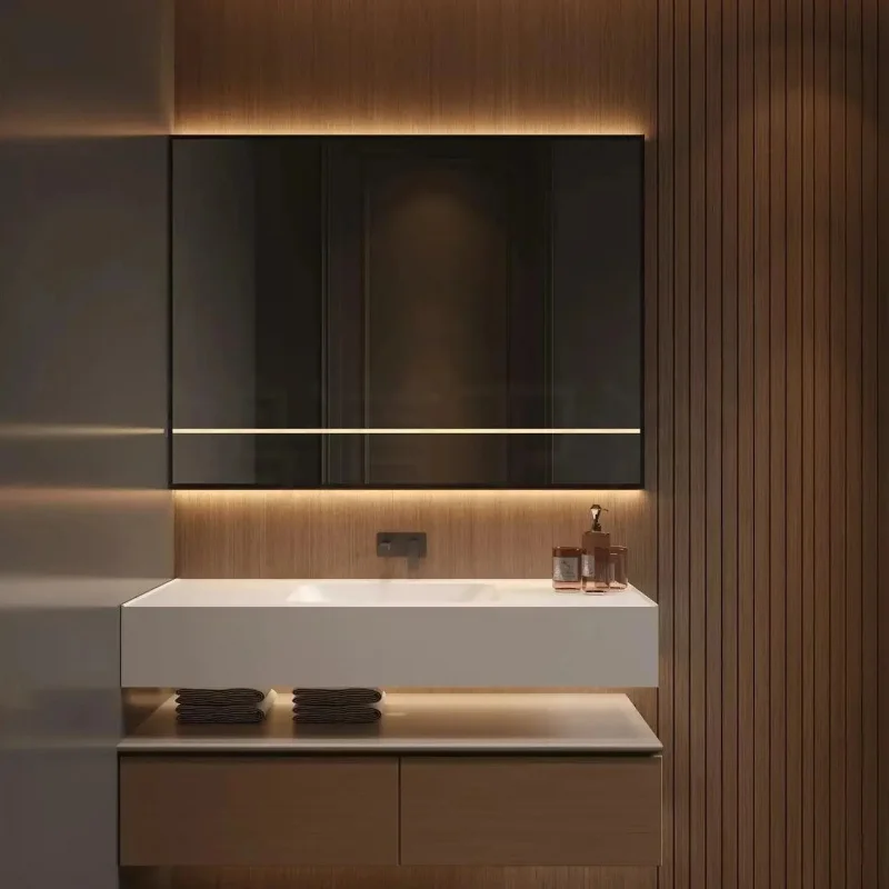 custom.Modern Rock Slab Integrated Bathroom Cabinet Wood Hotel Furniture with Hand Washing Basin and Counter Hotels