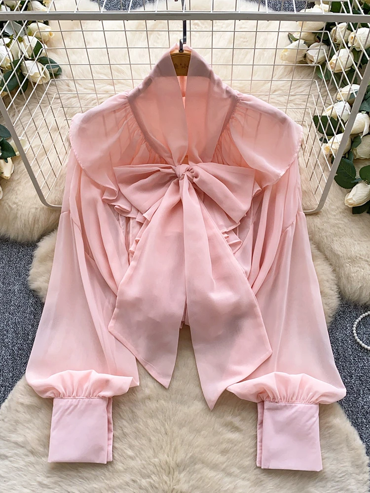 

Шифоновая блузка во французском стиле с рюшами и длинными рукавами для женщин, весна/лето 2026, новая модная рубашка для поездок на работу, топ C422