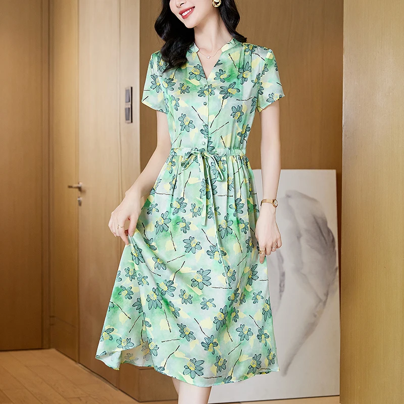 19mm Real Silk Satin Women's Floral Print Dress 2026 Summer V-neck Elegant Fashion Dresses for Women Short Sleeve Long Dress