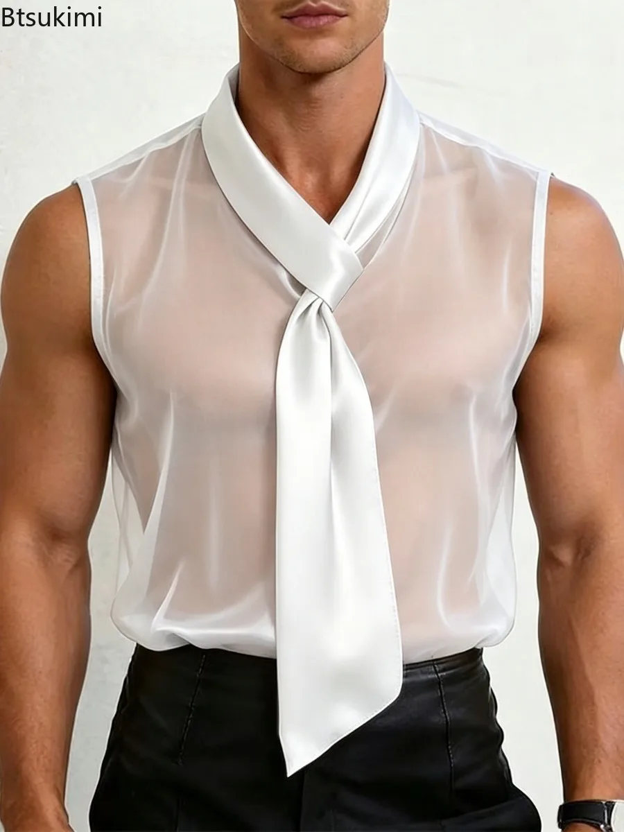 Sexy Men See Through Sleeveless Shirt Self Tie Neck Sheer Chiffon Muscle Tank Top Night Club Bar Costume Slim Transparent Vest