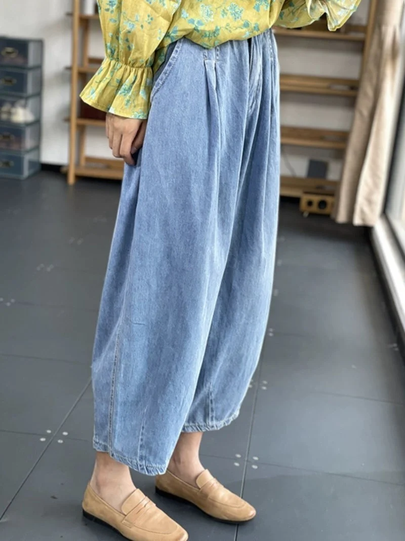 

Женские летние тонкие повседневные джинсы с высокой талией и широкими штанинами, укороченные, свободные брюки-фонарики малого размера