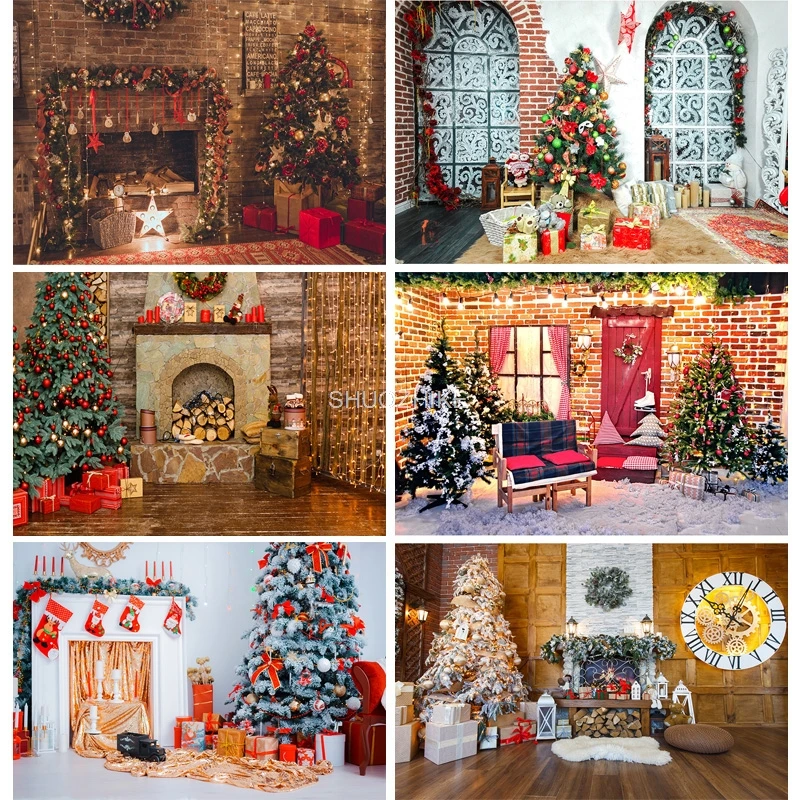 

Christmas Day Photography Backdrops Prop Christmas Tree Fireplace Photographic Background Cloth CHM-005