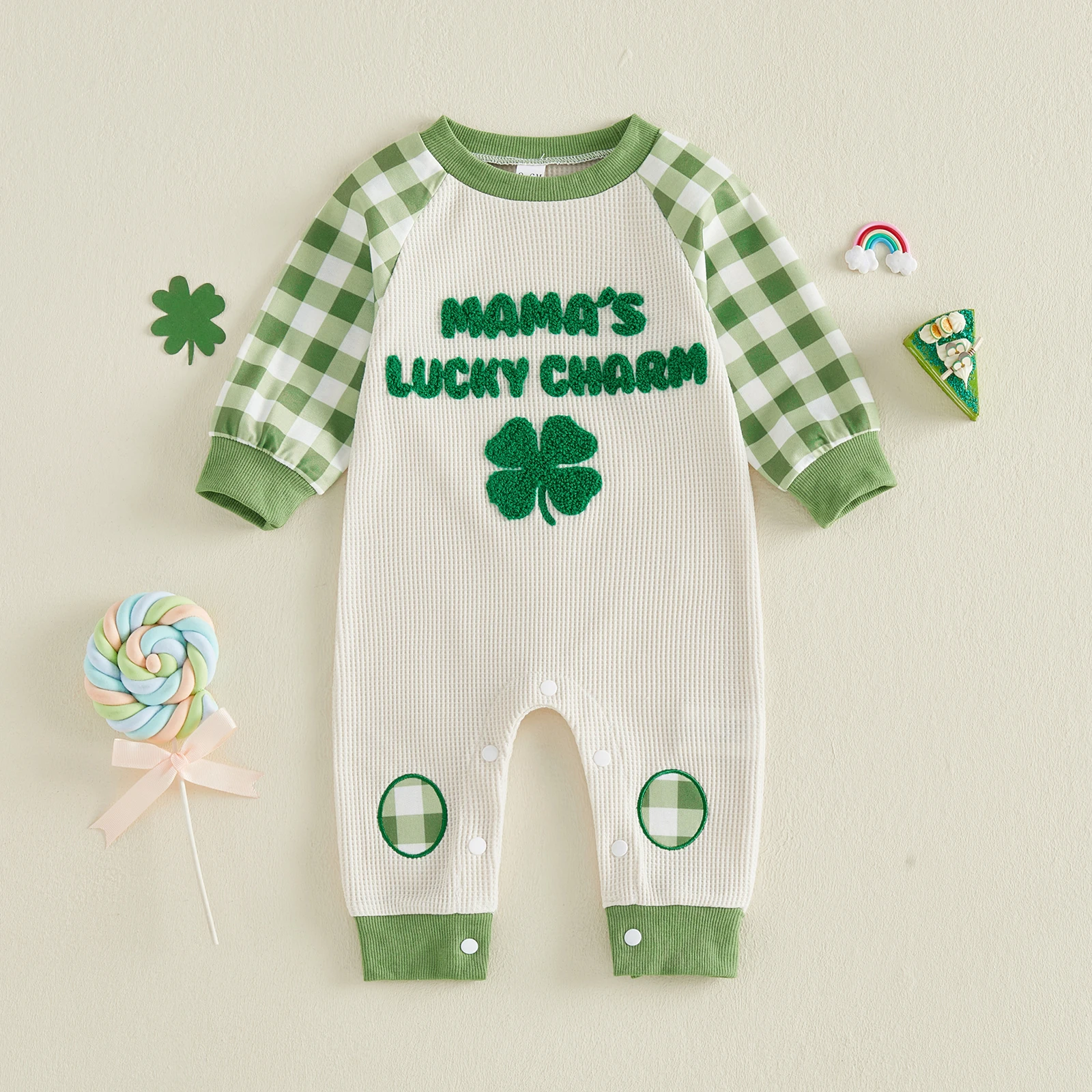 Infant Baby Boy Spring Irish Romper Plaid Long Sleeve Round Neck Letter Shamrock Embroidery Full Length Jumpsuit