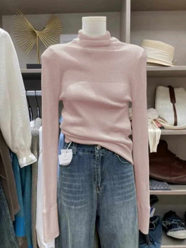 

Korean Sle Splice Micro Transparent Pink High Collar Knitted Base irt Women's Autumn Winter Gentle Slim Fit Sweater Inner...