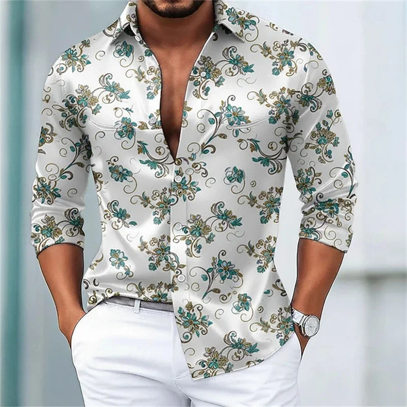 

Мужская рубашка с цветочным принтом, официальная рубашка с длинным рукавом, ретро-отпускная повседневная осенне-зимняя рубашка с лацканами и пуговицами, черно-белая, красная