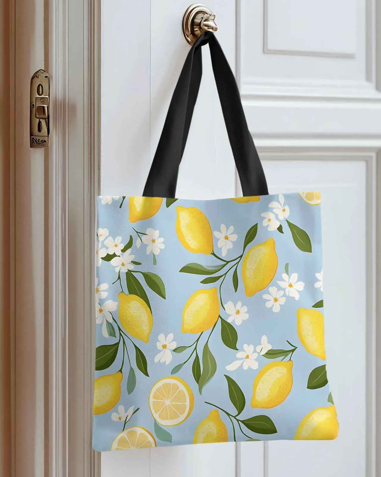 

Blue Background Lemon Flower Canvas Bag Handbag Oxford Cloth Eco Shopping Storage Bag for Home Use
