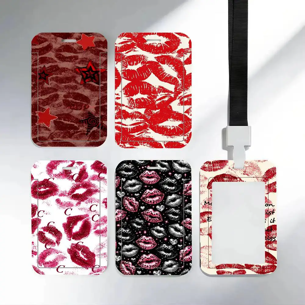 Vintage Lip Print ID Card Holder Cute PVC Badge Holder Cartoon Card Cover Student ID Bus Card Case With Clear Window