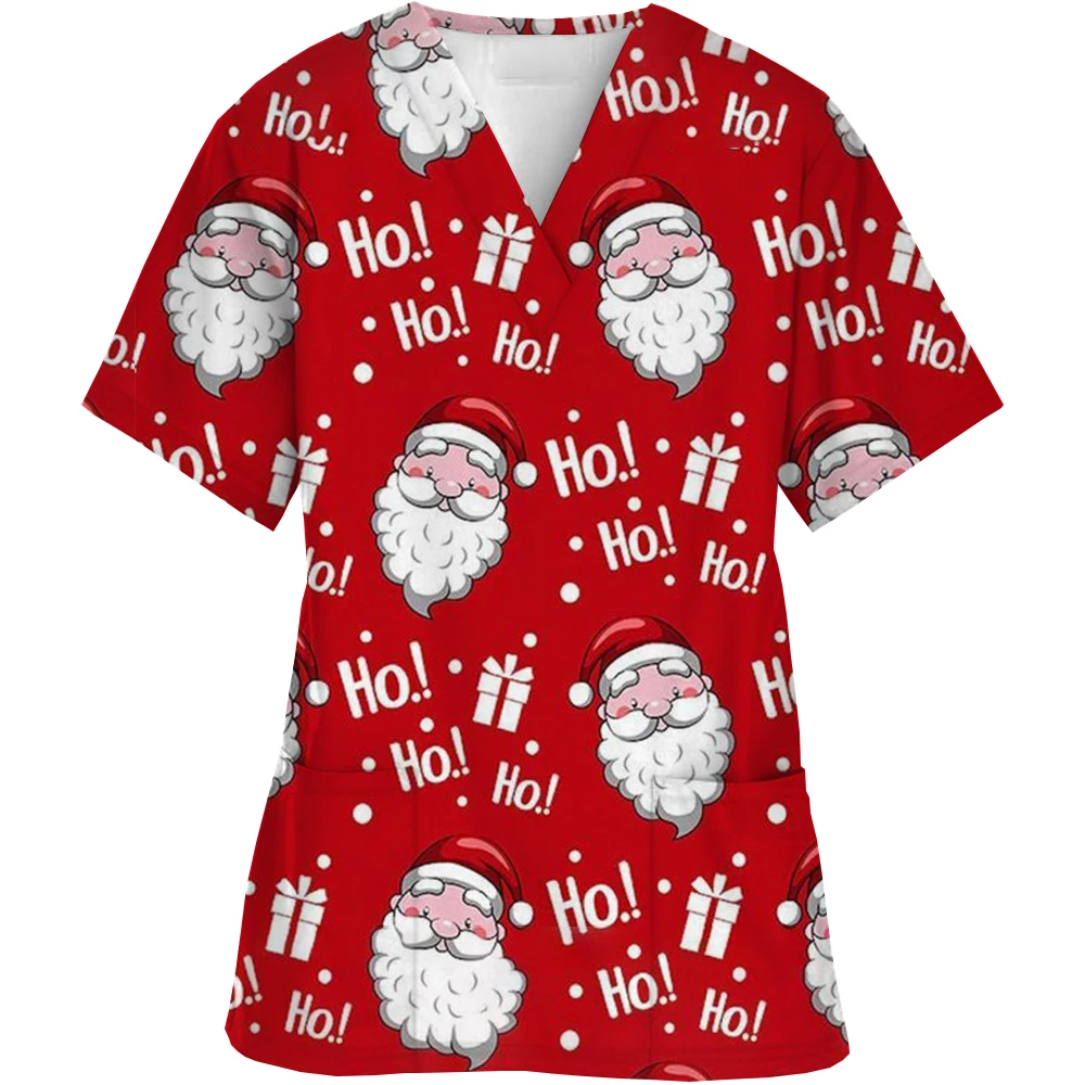 Wholesale Printed Nursing Scrubs Christmas Uniforms V-neck Short Sleeved Fashionable Nursing Uniform Tops Beauty Spa T-shirt New