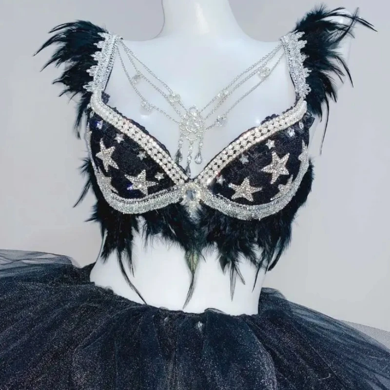 Shine Diamond Black Feather Bra Tutu Skirt Set Lady DJ Singer Dance Team Performance Stage Wear Sexy Bar Club Party Show Costume