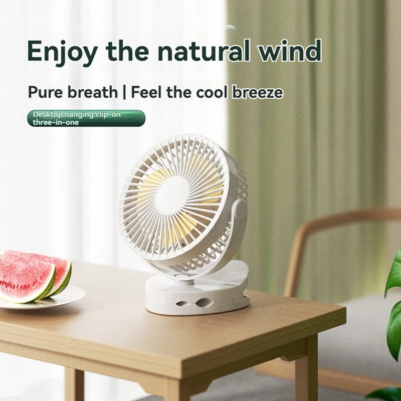 ABGR-Ventilador colgante y de mesa con clip recargable, 3 velocidades, 360 °   Ventilador giratorio para viajes y uso doméstico