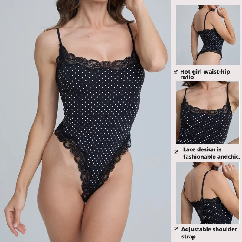 Women Square Neck Lace Trim Bodysuit High Cut Thong Spaghetti Strap Cami Bodysuit Double Layer Going Out Tank Tops