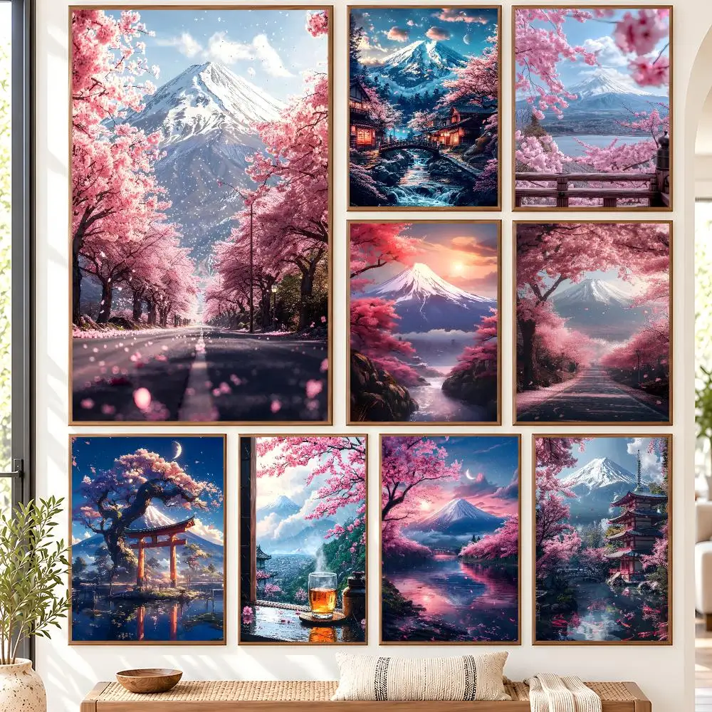 Japanese Cherry Blossoms At Mount Fuji Poster Self Adhesive Matte Wall Art Removable Home Room Decoration