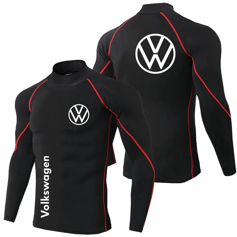 2025 New Volkswagen logo printed tight fitting shirt, gym sports short sleeved shirt, men's autumn breathable quick drying top