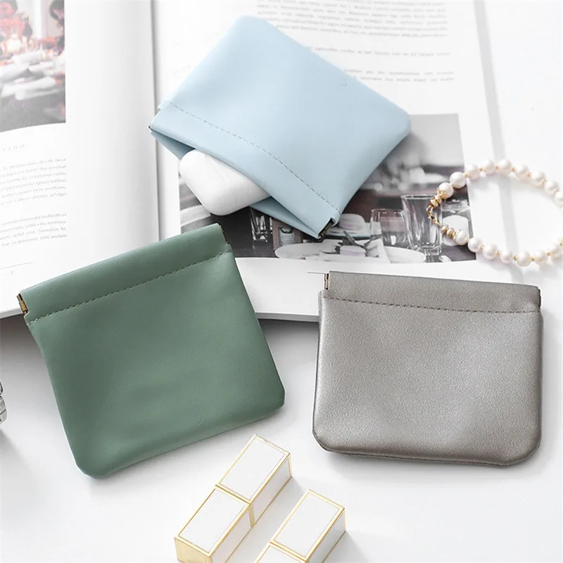 Solid Leather Women Coin Purse Automatic Close Metal Shrapnel Mini Storage Bag Portable Lipstick Earbuds Card Key USB Bag