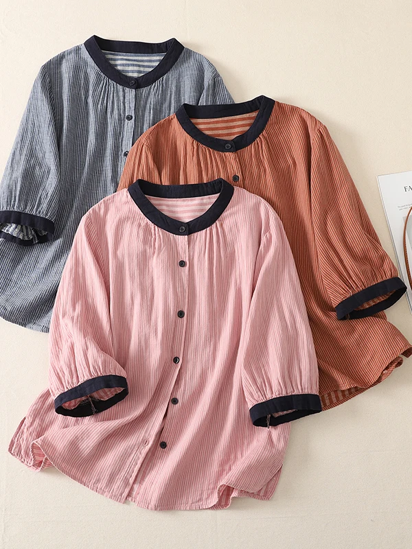 

Loose Fit Striped Color Block round Neck Short Sleeve Women's Shirt Korean Style Casual Breathable Summer Shirt