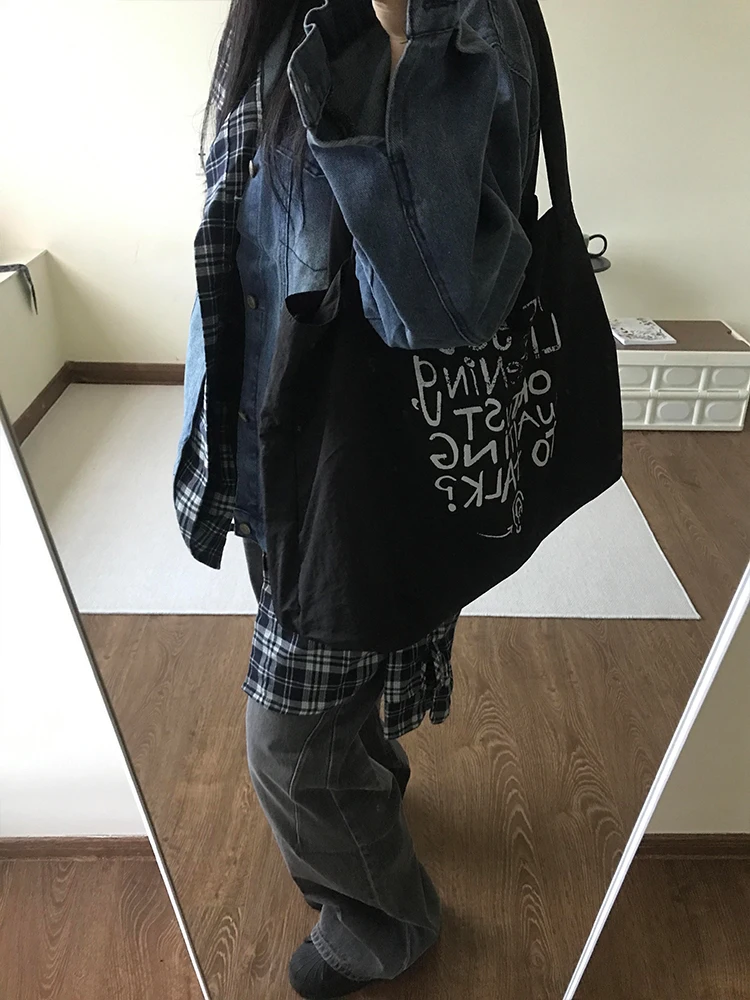 Grote maat Amerikaanse retro high street geruite denimjas dames herfst winter los ontwerp Sense jas bovenkraag knoop...