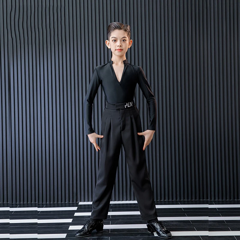 2025 terno de prática de dança latina manga comprida tops calças pretas roupas samba chacha rumba tango roupa de dança latina para meninos dqs19561