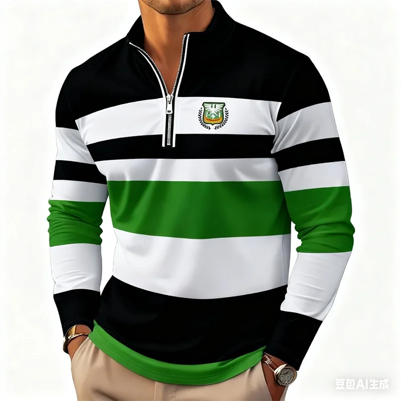 

New Classic Stripe Printed Men's Half-zip Stand Collar Tops Autumn Casual Comfortable Street Long Sleeve Man Pullover Clothing