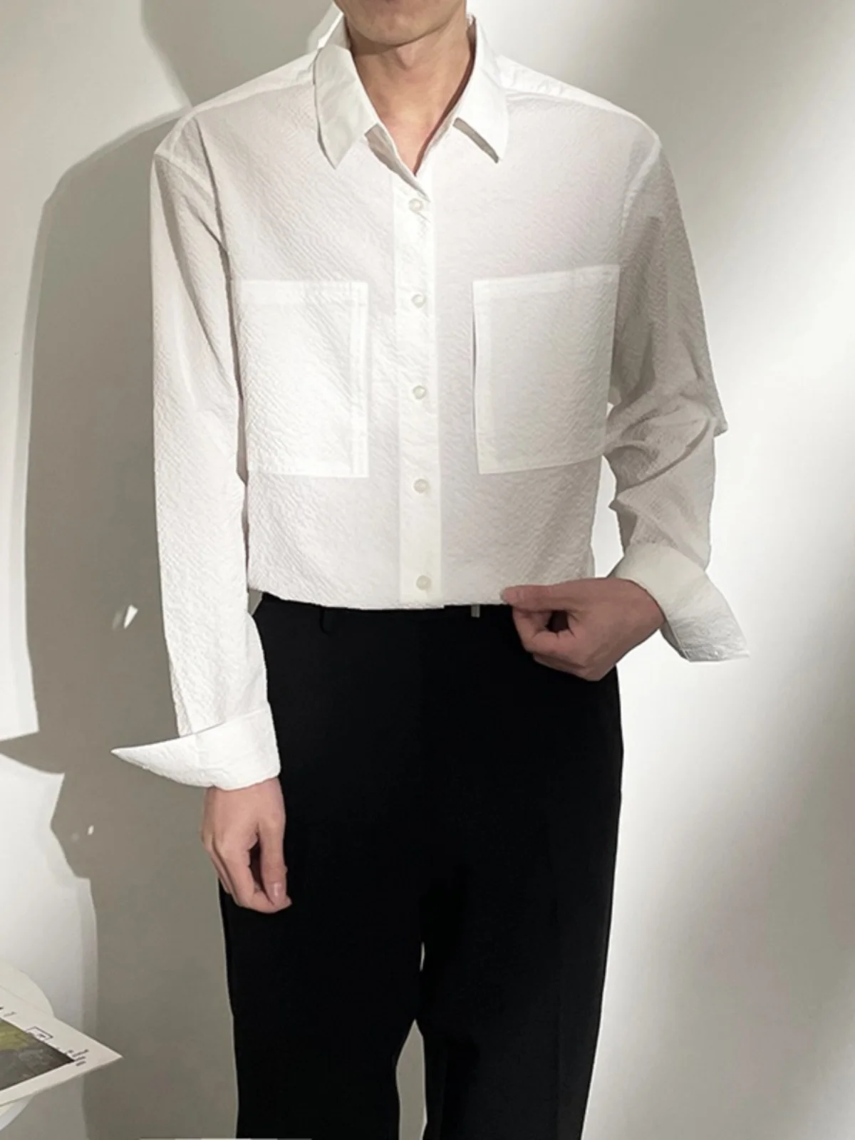 

Мужская белая повседневная рубашка с длинным рукавом, текстурированная, с глянцевым шелковым эффектом, модная, весна-осень, приталенный крой, Iro...