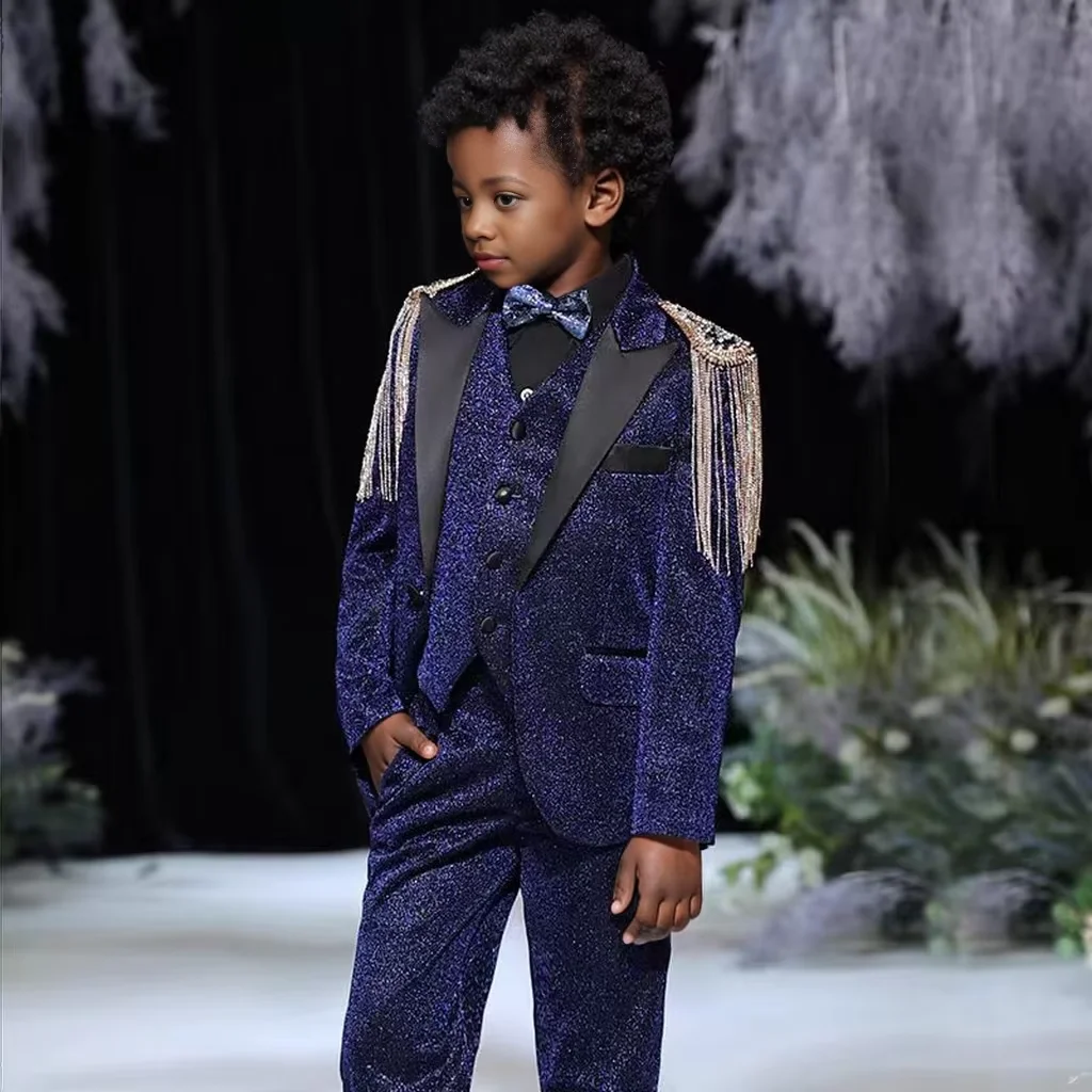 Smokings formels à paillettes bleues imbibées pour enfants, tenue de spectacle de piano, veste de fête d'anniversaire, taille 2-16