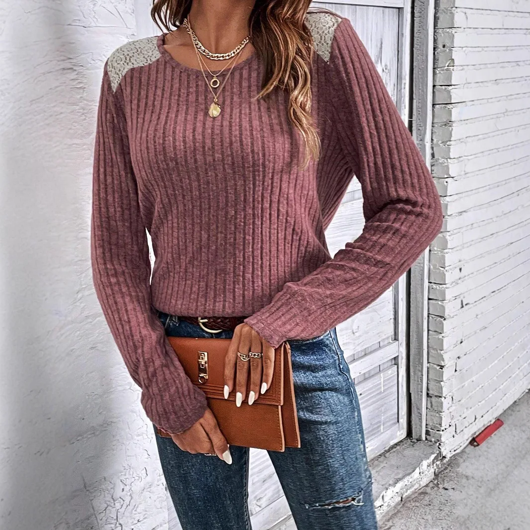 

Women New Elegant Sweater Autumn Round Neck Pit Strip Lace Long Sleeve Sweater Korean Fashion