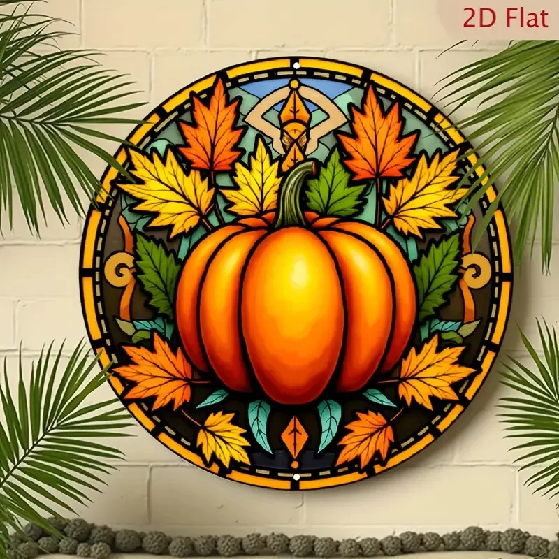 2D Flat, Autumn Pumpkin & Maple Leaf Metal Wall Art - Orange Pumpkin & Red Orange Leaf Thanksgiving Decoration, Lightweight Alum
