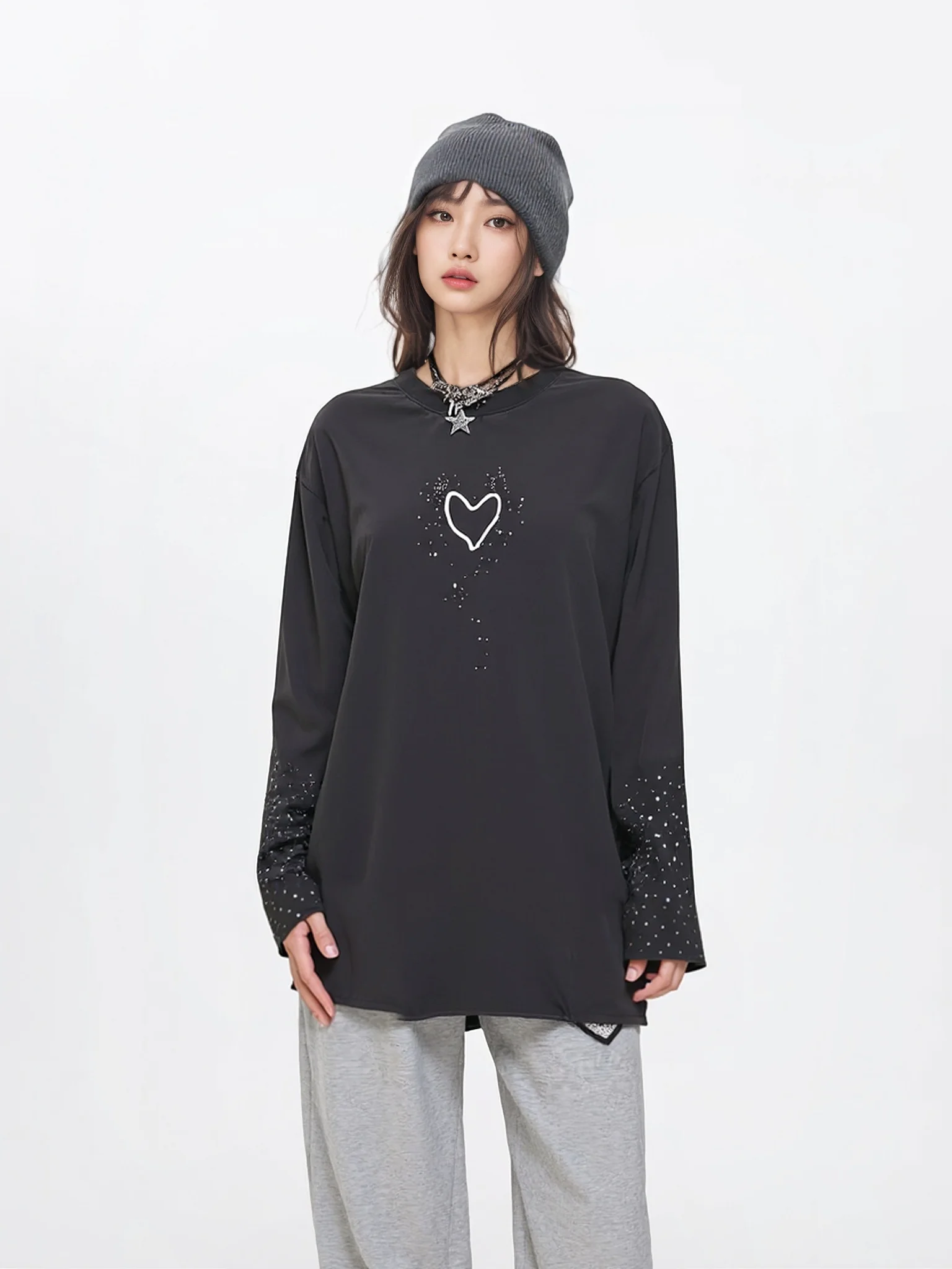 

Casual Loose Long Sve round Ne T-irt Women's Base Layer irt Bla Slimming Design Sensation Cotton Polyester Blend