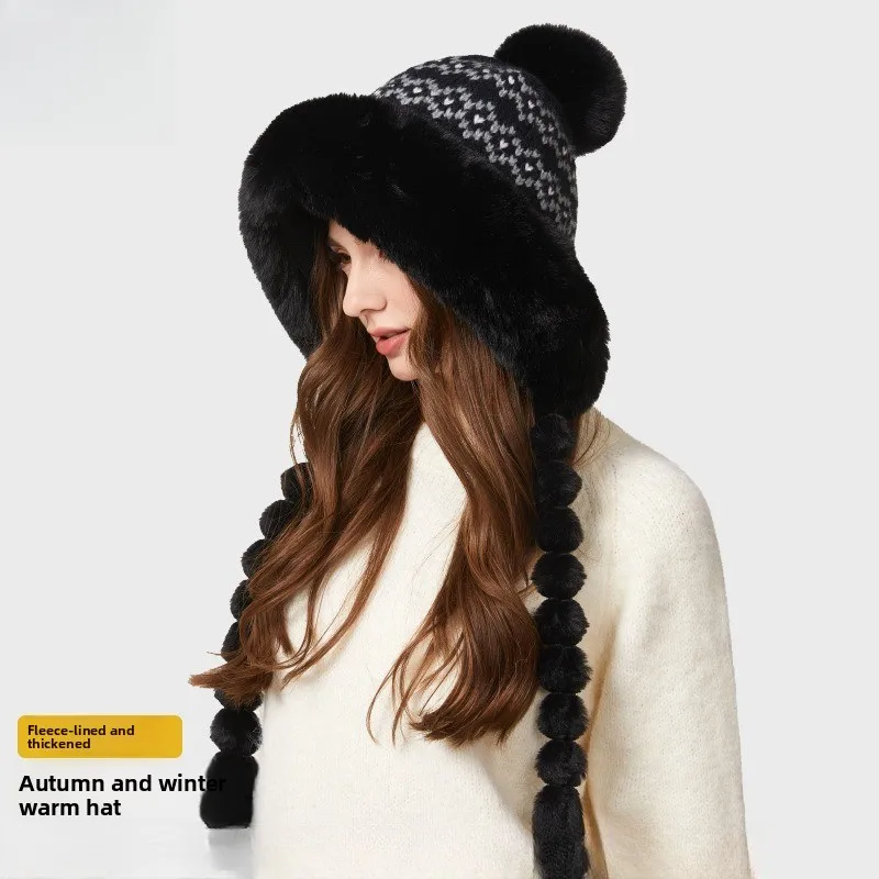 New Winter Thickened Warm Knitted Hat Women's Travel Fleece Cold-proof Cute Plush Ear Protection Hat Windproof Wool Hat