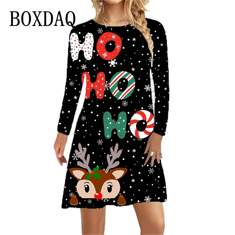 

3D Christmas Print Cartoon Dress Women New Year Party Loose Dress Autumn 2024 Long Sleeve Casual A-Line Dress Vestidos De Mujer