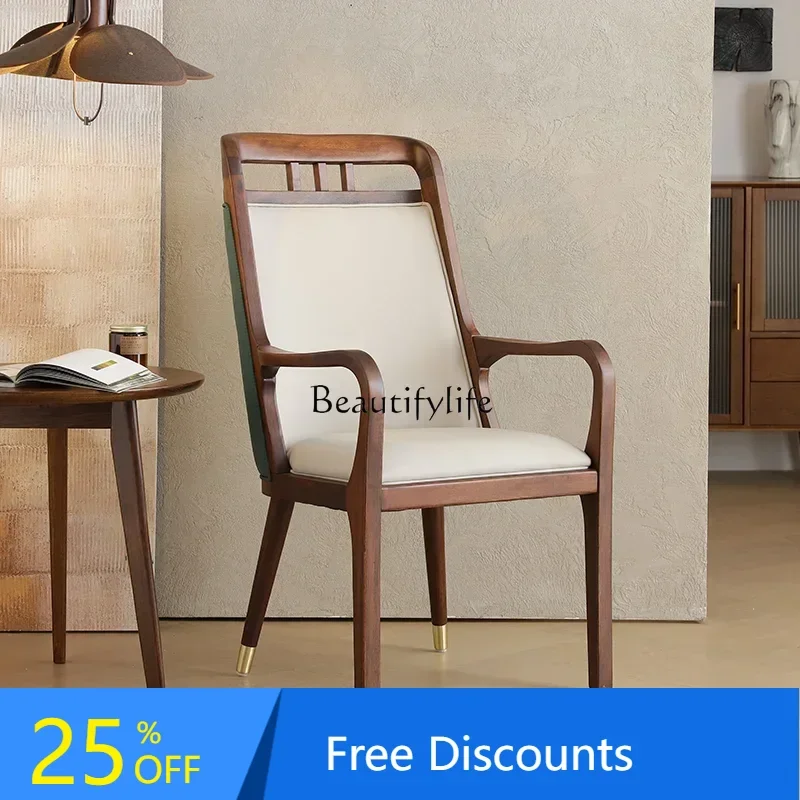 

XL Nordic Solid Wood Dining Chair Without Armrests Genuine Leather Furniture Italian Style Villa Homestay Leisure Chair