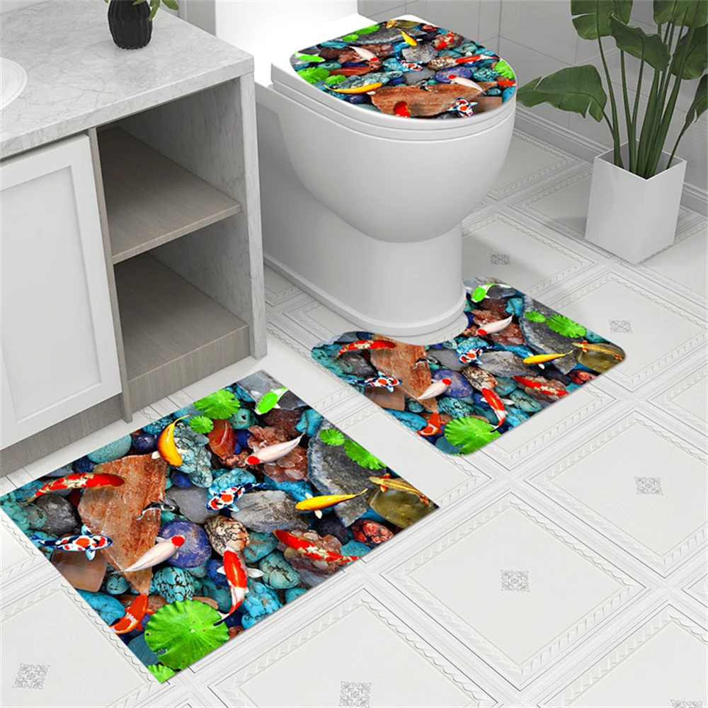 

Ornamental Fish Koi Bathroom set Lotus Pond Carp landscape Bathroom non-slip Carpet Foot Mat Toilet Mat Bathroom Decor Washable