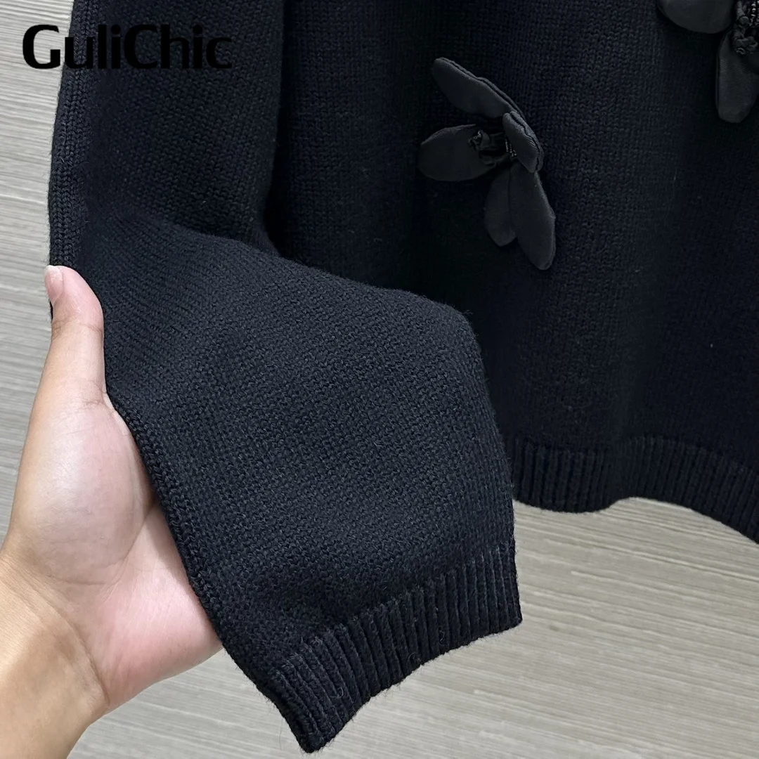 9.6 GuliChic 2024 New Women Sweet Temperament Elegant Wool Sweater 3D Flower Embroidery Long Sleeve Casual Knitwear