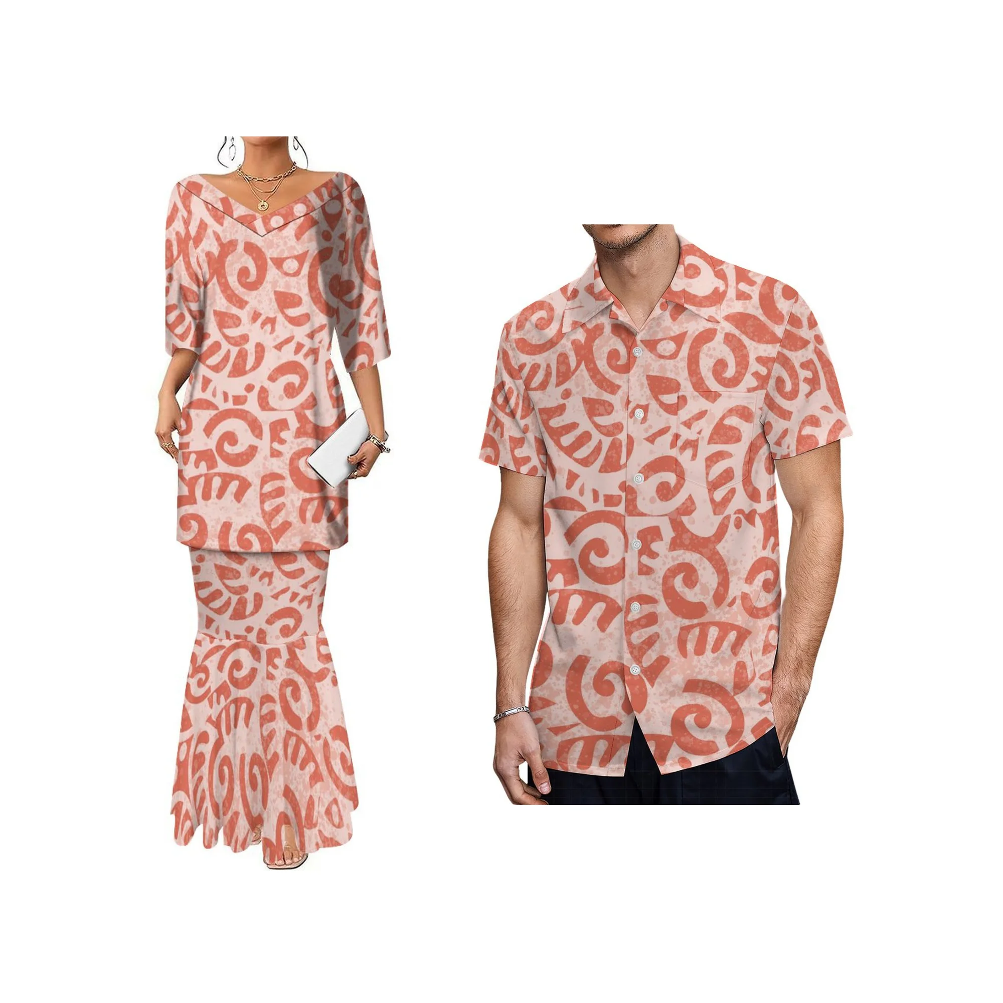 Dropshipping Customized 2 Pcs Fishtail Skirt and Top Set Dress Polynesian Tribal Design V Neck Half Sleeve Samoa Puletasi