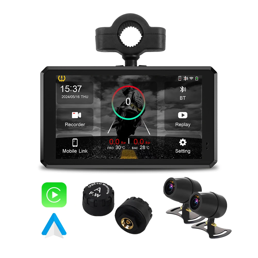 5.5" Capacitive Touch Screen Waterproof Motorcycle Navigation Android Auto Carplay Monitor Mirror Link Dual Lens Dashcam TPMS