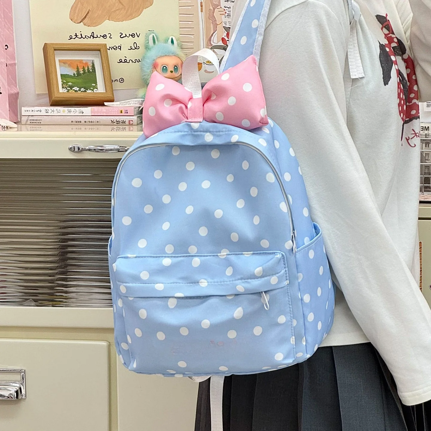 Fashionable Polka Dot Multi-Layer Large Capacity Shoulder Bag  Knot Cute Girl Backpack Ideal for Junior High Students