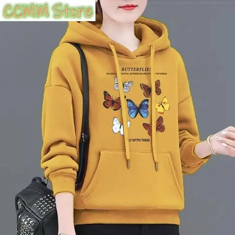 

Women's Clothing Butterfly Printed Sweatshirts Casual Hooded Autumn Winter Thick Stylish Drawstring Pockets Korean Pullovers New