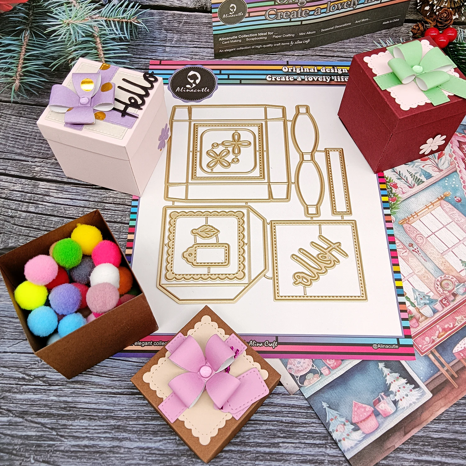 Würfelförmige Geschenkbox aus Metall, gestanzt, goldene Stanzformen für Weihnachtsgeschenke, Verpackung, handgefertigtes Papier, Basteln, DIY-Leckereienbox