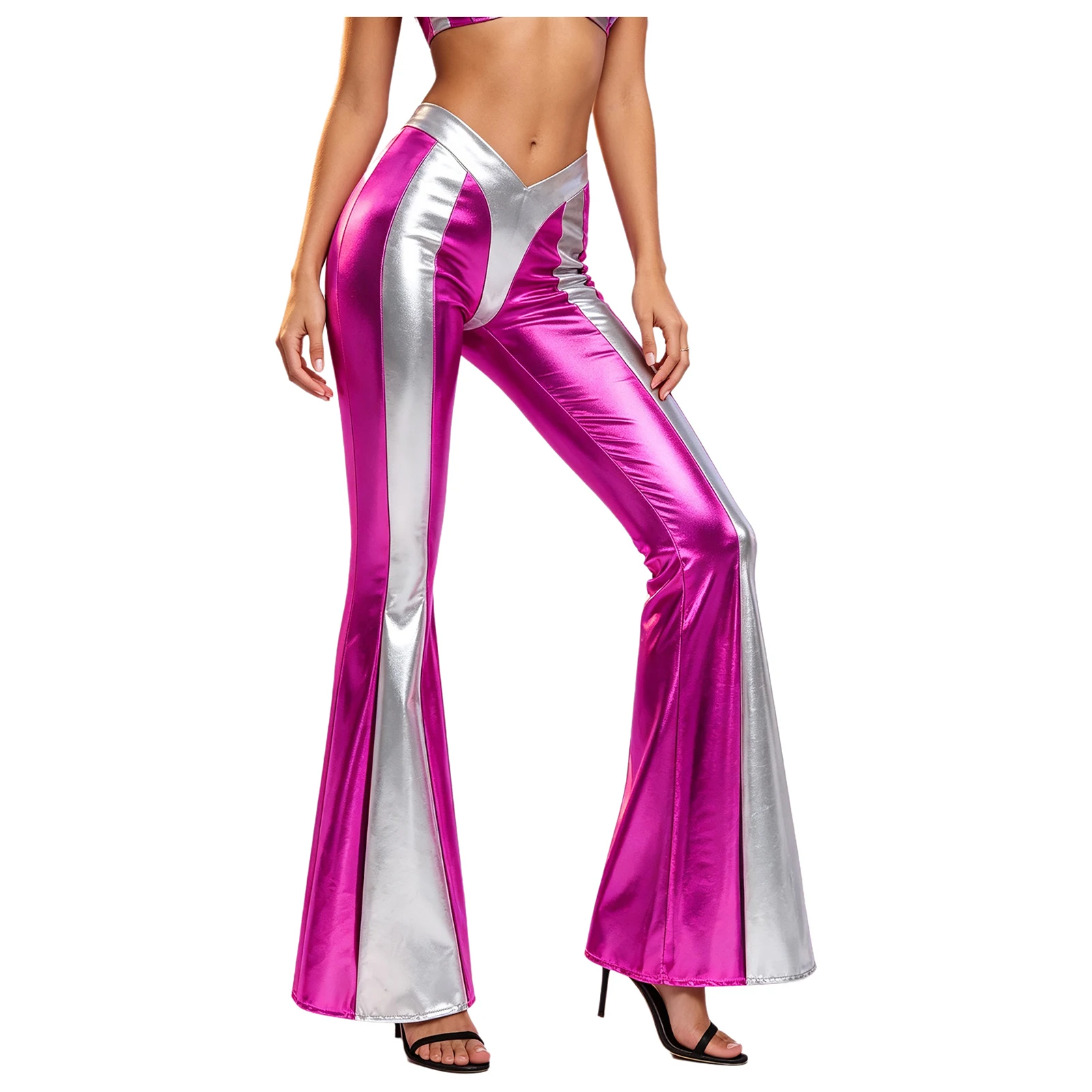 Women Metallic Disco Pants V-front Side Zipper Color-blocked Bell-bottom Trousers for Halloween Cosplay Party Club Performance