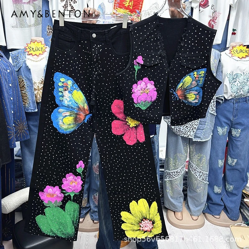 

European Style Heavy Industry Diamond Drills Printing Butterfly Denim Sleeveless Vest Top + High Waist Wide Leg Pants 2pcs Set