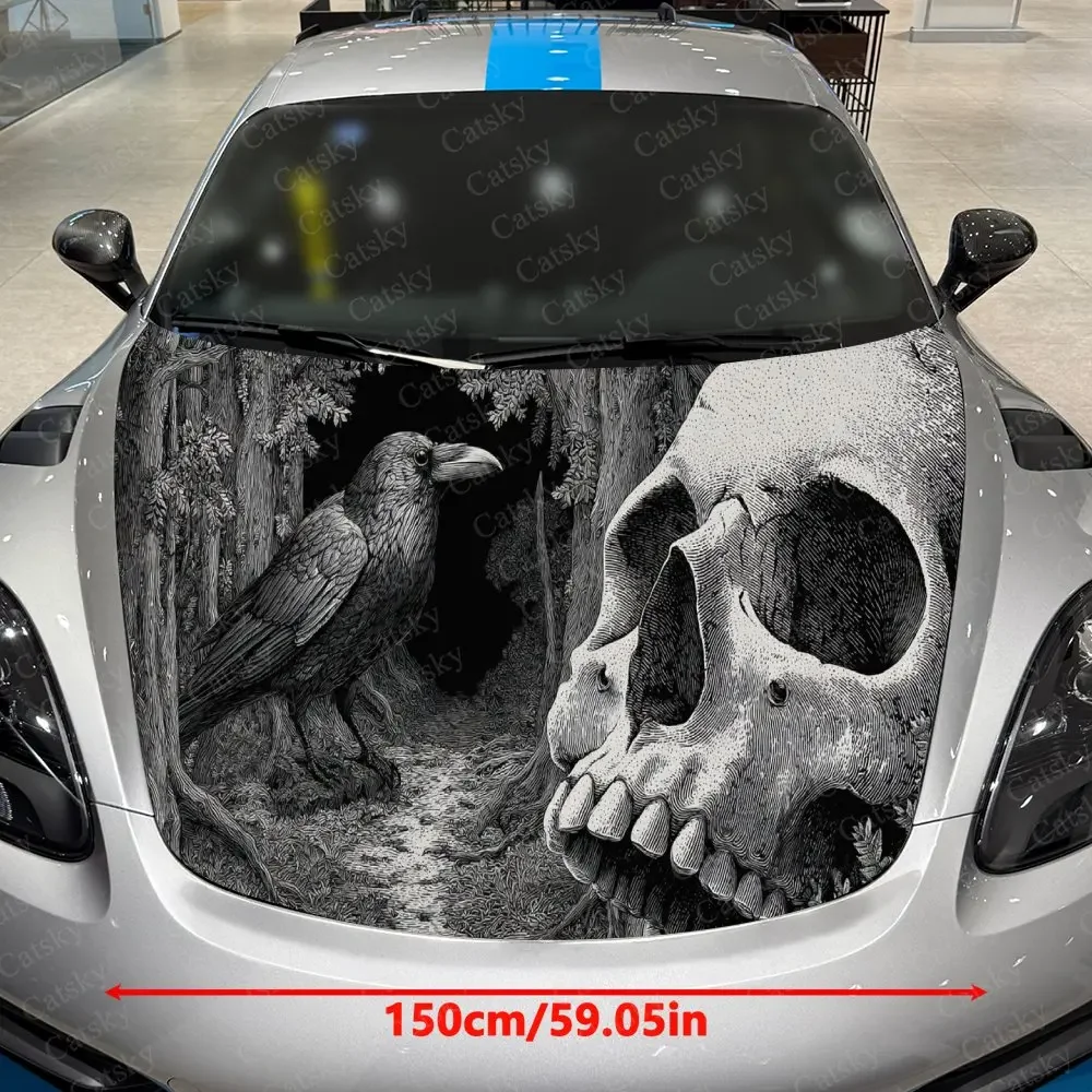 Eerie Dark Forest Raven Skull Car Hood Sticker,Waterproof Self-Adhesive Vinyl Graphics Decals,Decor Auto Accessories Stickers